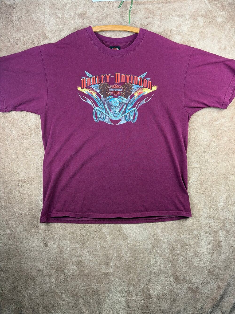 Vintage Harley Davidson T Shirt Mens XL Maroon Purple Engine Flame Graphic Y2K